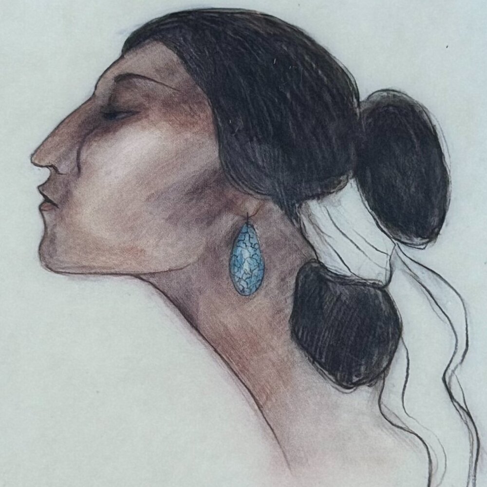 R.C. Gorman, Turquoise Earring 524, Glossy Ceramic Tile Navajo Native Art 8x8